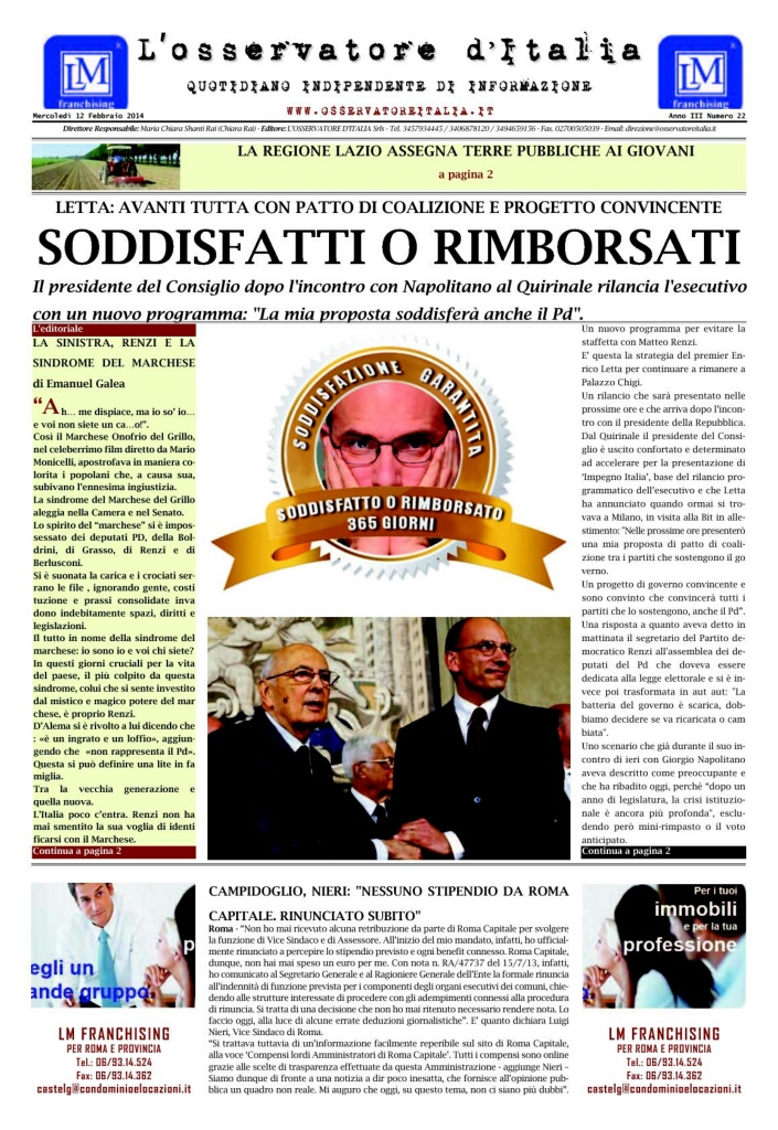 L'osservatore d'Italia edizione del 12 Febbraio 2014